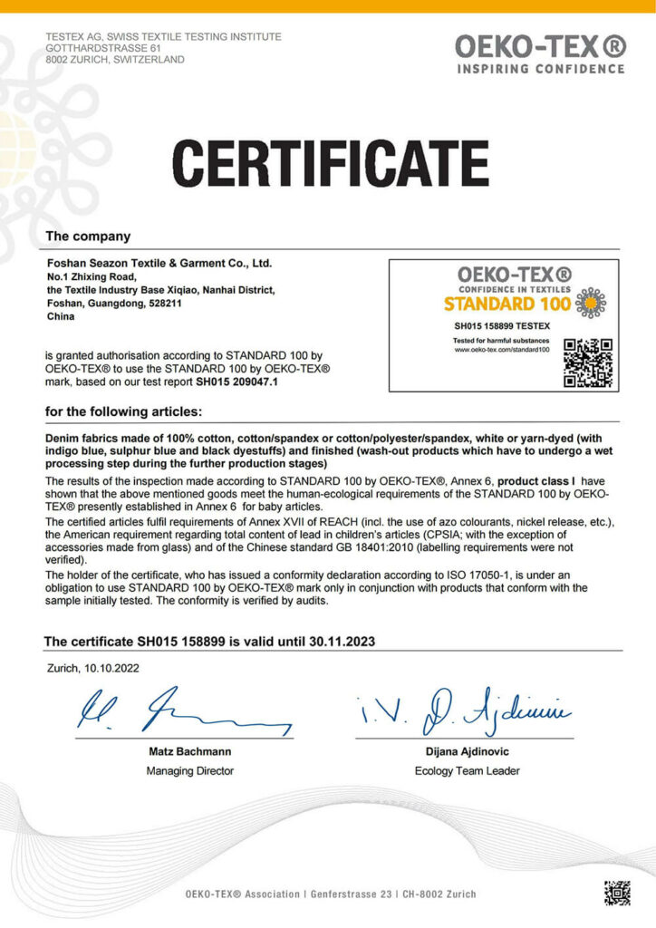 Tiêu chuẩn OEKO-TEX 100 giấy chứng nhận seazon dệt may