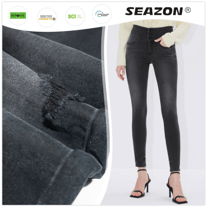 ZZ0196 Black Black Color Dyed Denim Jeans Fabric Material with US BCI Cotton - 1